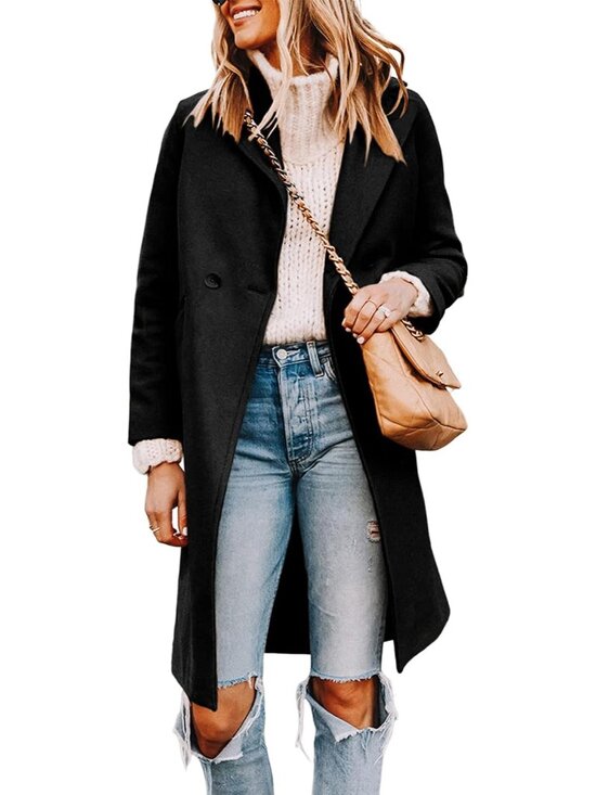 Jackets & Blazers - Women's Notch Lapel Double Breasted Black Wool Blend Mid Long Pea Trench Coat